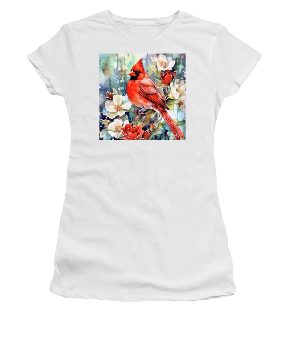 Northern Cardinal Women's T-Shirt featuring the painting Red Cardinal In The Roses by Tina LeCour