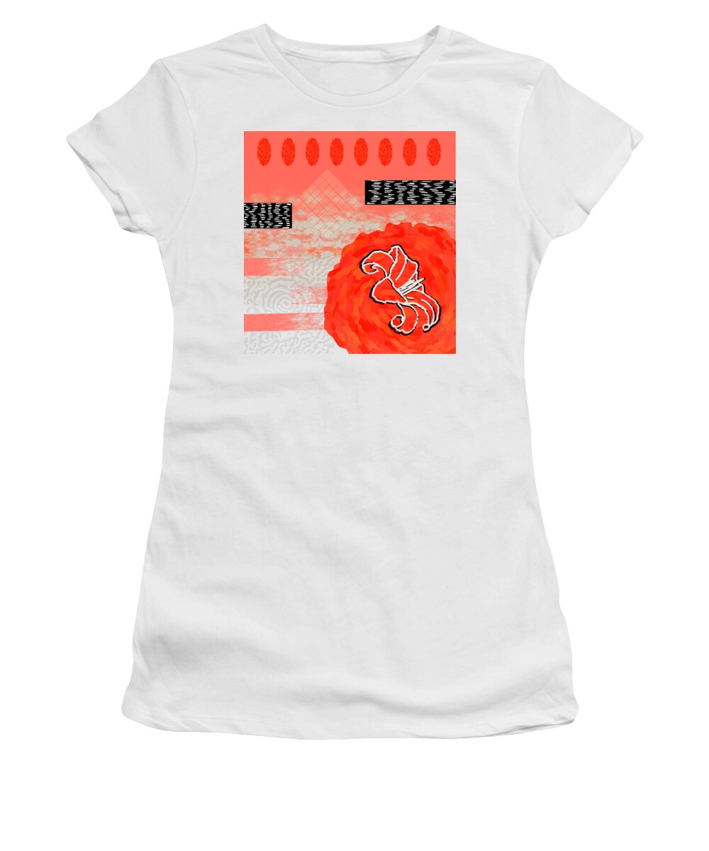 Red Women's T-Shirt featuring the digital art Red Peach Motif Collage Design for Home Decor by Delynn Addams