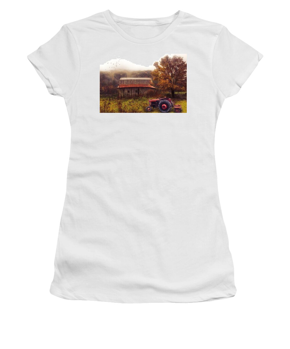 Barns Women's T-Shirt featuring the photograph Red Tractor in the Mountain Mists Painting by Debra and Dave Vanderlaan