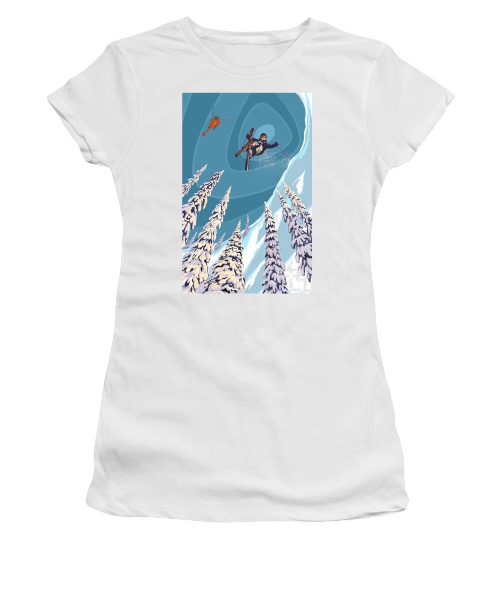 Retro Ski Art Women's T-Shirt featuring the painting Retro Ski Jumper Heli Ski by Sassan Filsoof