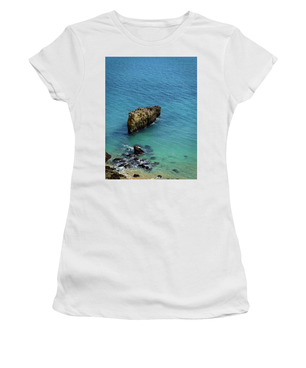 Beach Rock Women's T-Shirt featuring the photograph Rocks and waves in Deserta Beach by Angelo DeVal