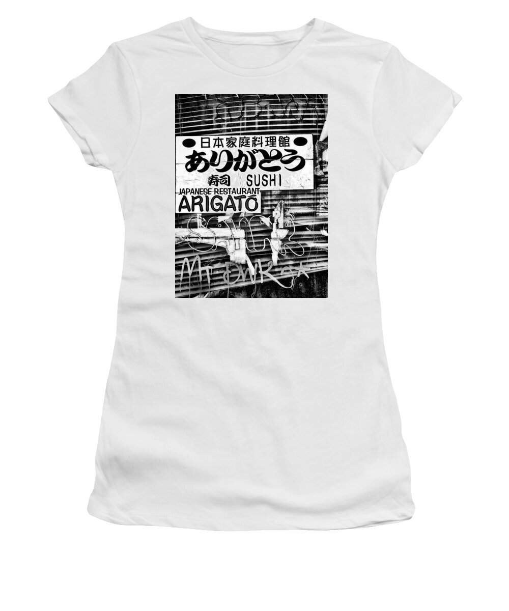 Sushi Women's T-Shirt featuring the photograph Rustic Sign of a Sushi Restaurant by Tito Slack