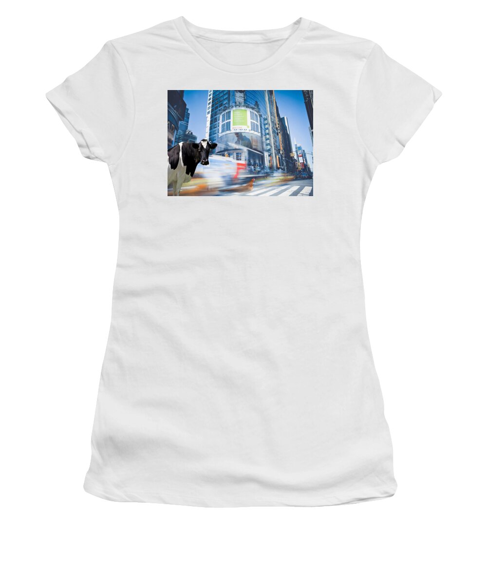 Adventurers Of Sadie And Emma Women's T-Shirt featuring the photograph Sadie and Emma in the city by James Bethanis