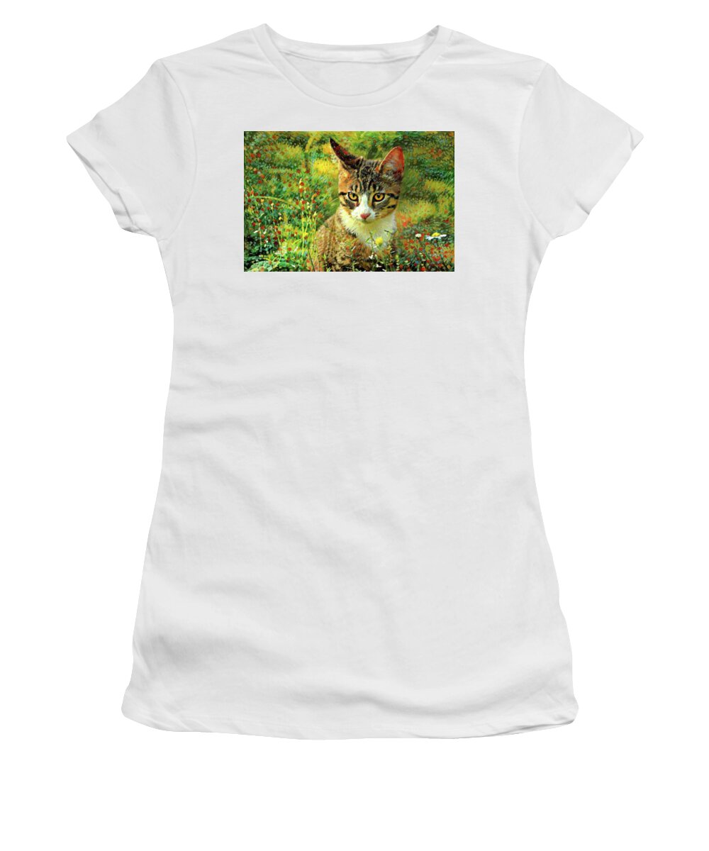 Cat Women's T-Shirt featuring the digital art Sammy the Tabby Cat in a Field of Wildflowers by Peggy Collins