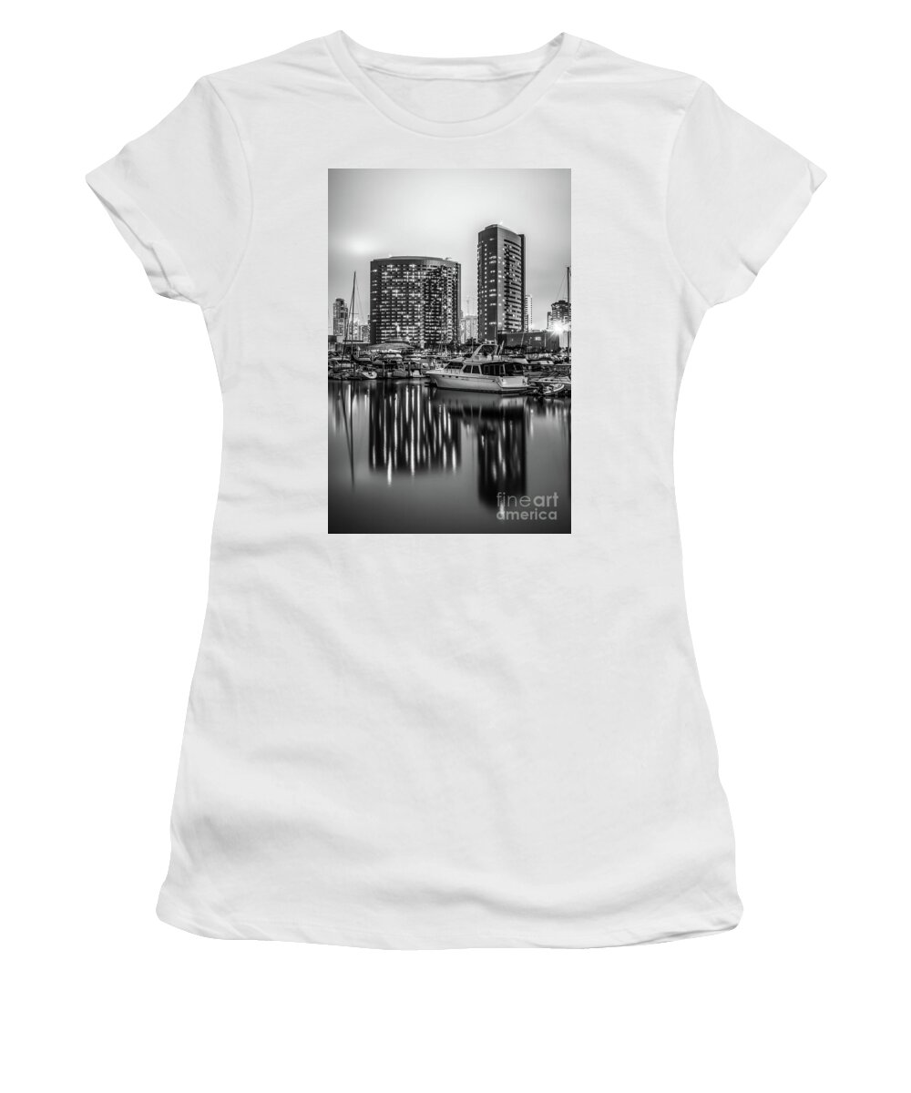 2012 Women's T-Shirt featuring the photograph San Diego Embarcadero Marina Black and White Picture by Paul Velgos