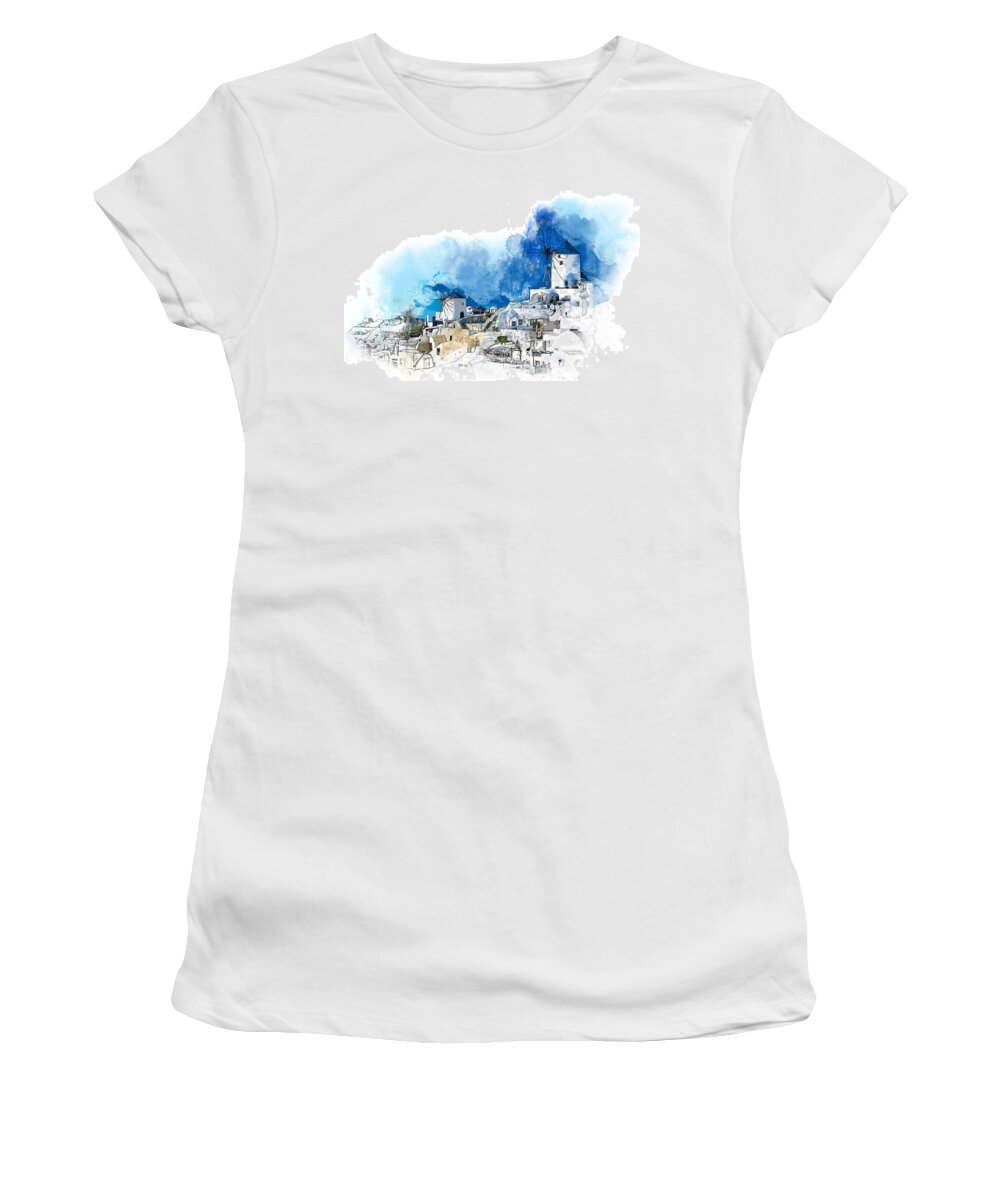 Santorini Women's T-Shirt featuring the painting Santorini Mills by Miki De Goodaboom