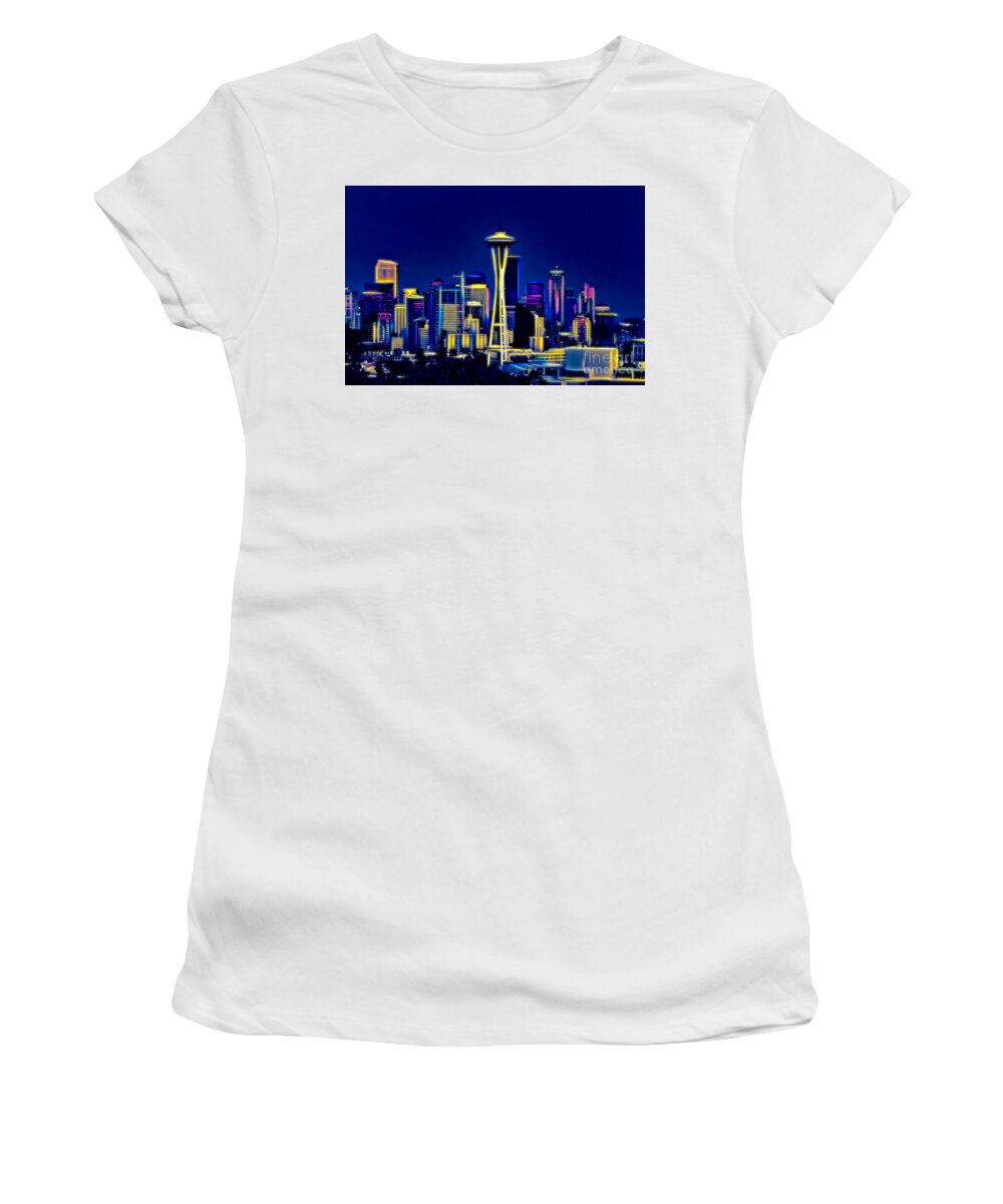 Skyline Women's T-Shirt featuring the digital art Seattle in Neons Colors by Sal Ahmed