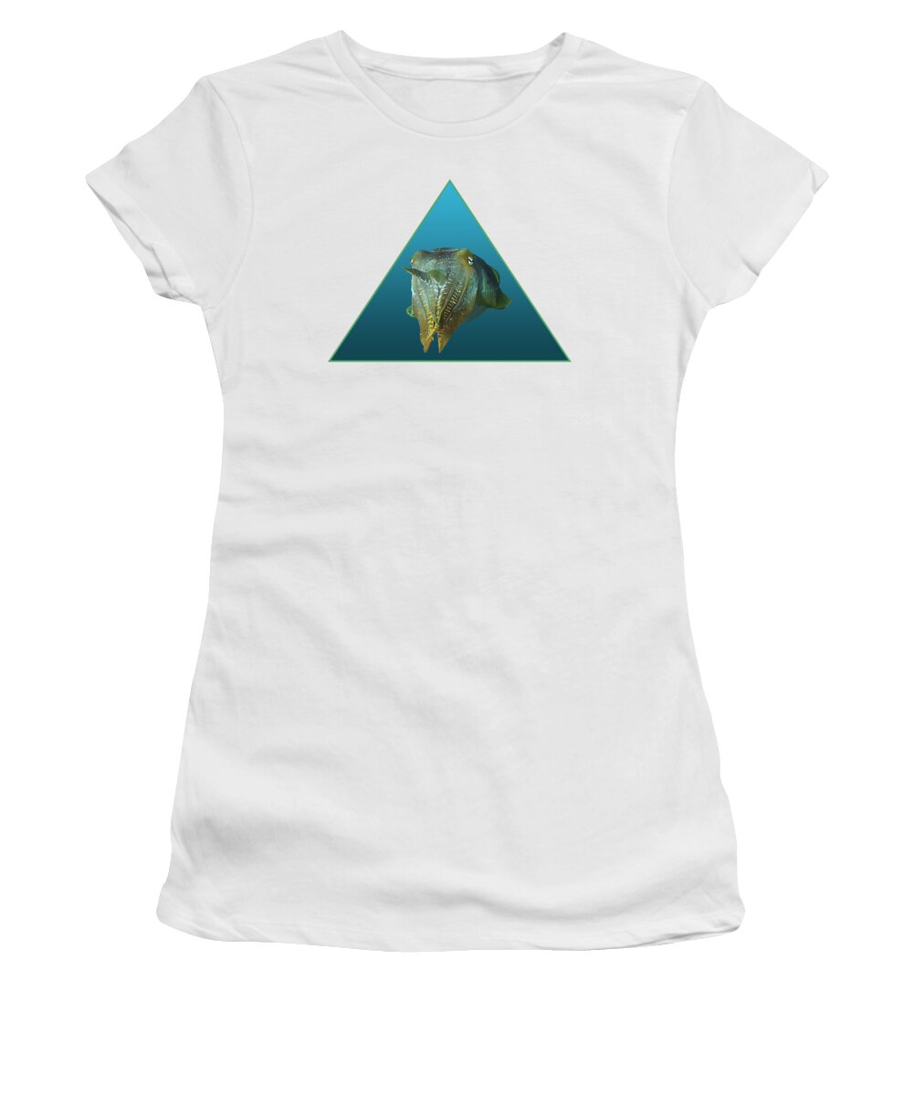 Sepia Women's T-Shirt featuring the mixed media Sepia - Magnificent portraiture of cuttlefish on gradient blue - by Ute Niemann