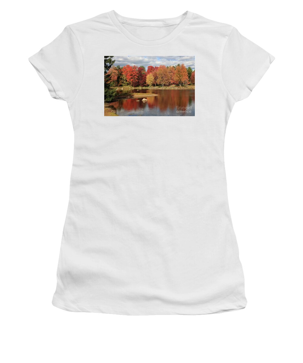 Fall Color Women's T-Shirt featuring the photograph Shaker Village Pond by Bryan Attewell