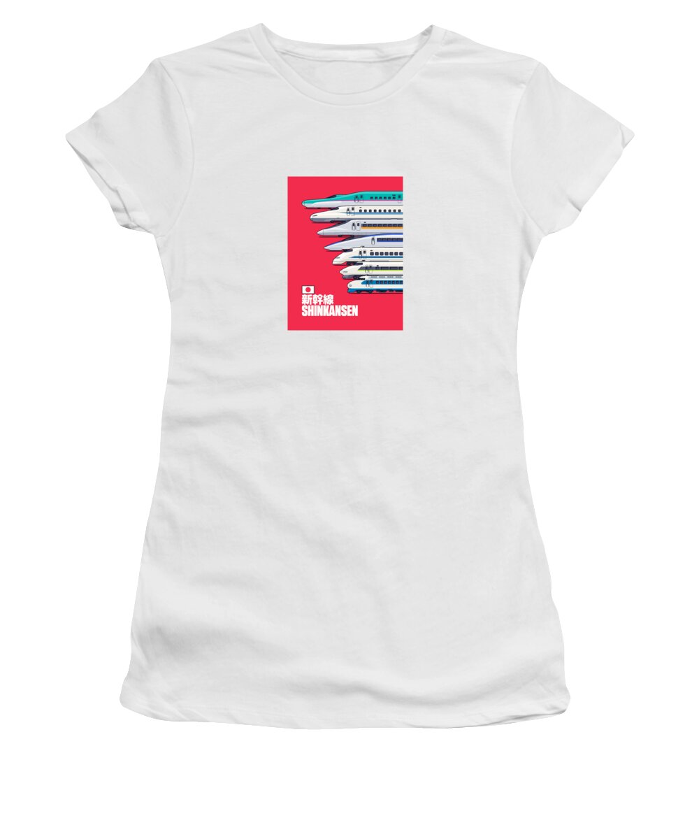 Train Women's T-Shirt featuring the digital art Shinkansen Bullet Train Evolution - Red by Organic Synthesis
