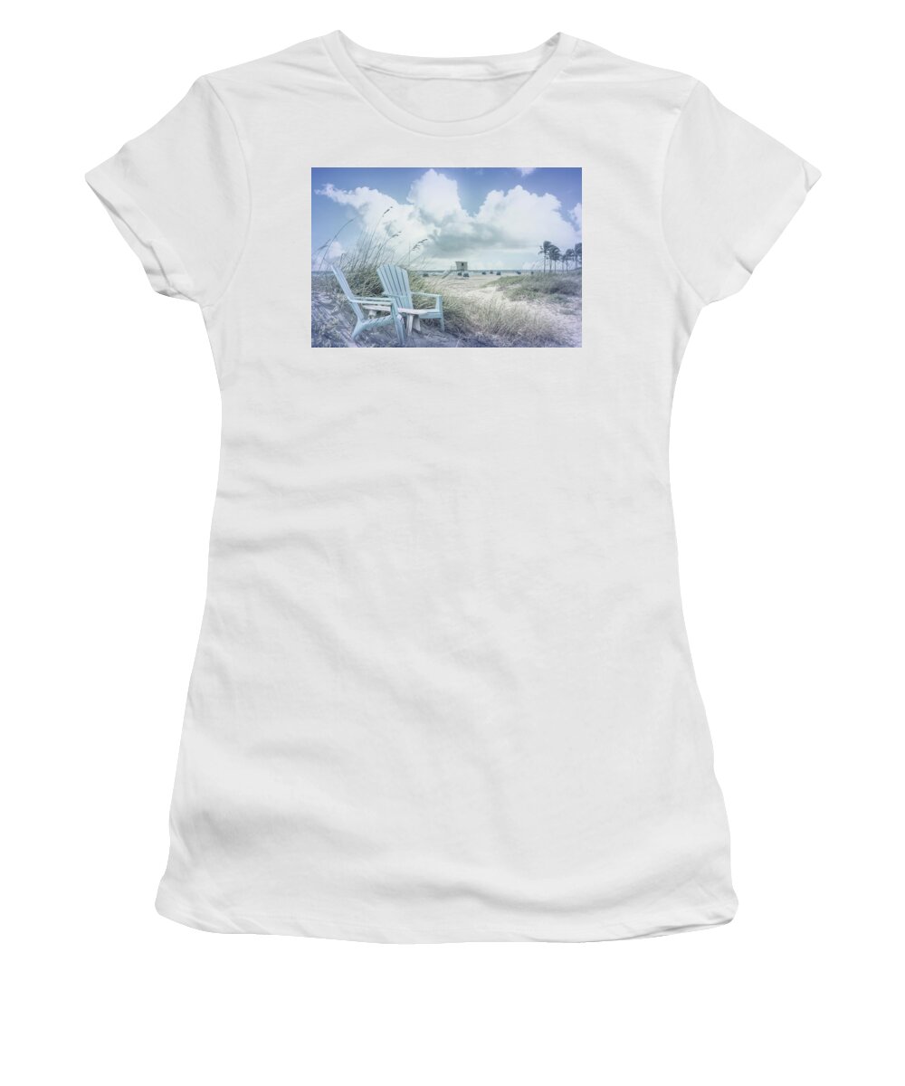 Clouds Women's T-Shirt featuring the photograph Sitting on the Beach Dunes in a Hint of Colors by Debra and Dave Vanderlaan