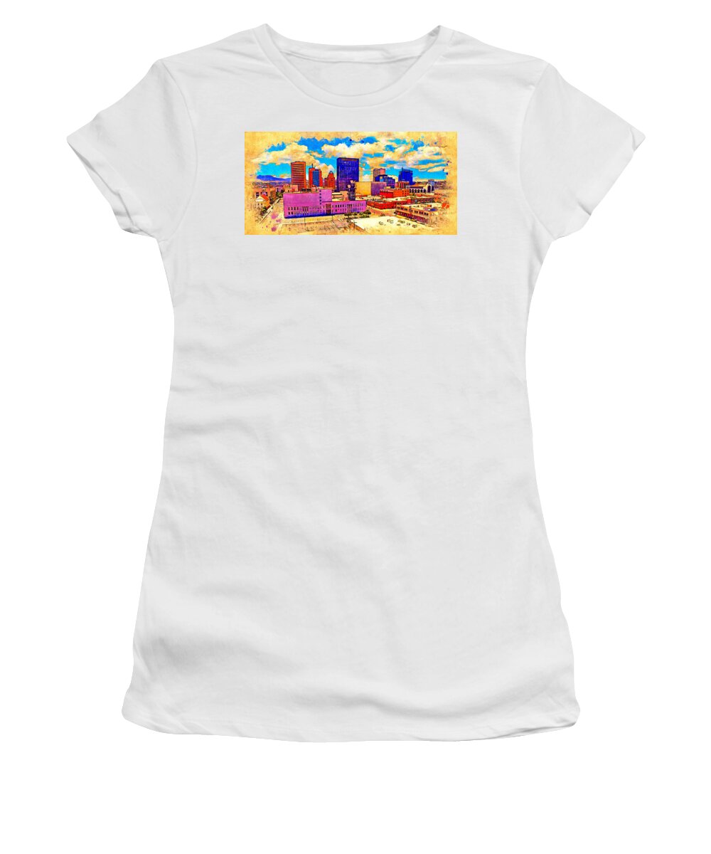 El Paso Women's T-Shirt featuring the digital art Skyline of Downtown El Paso, Texas, digital painting with vintage look by Nicko Prints
