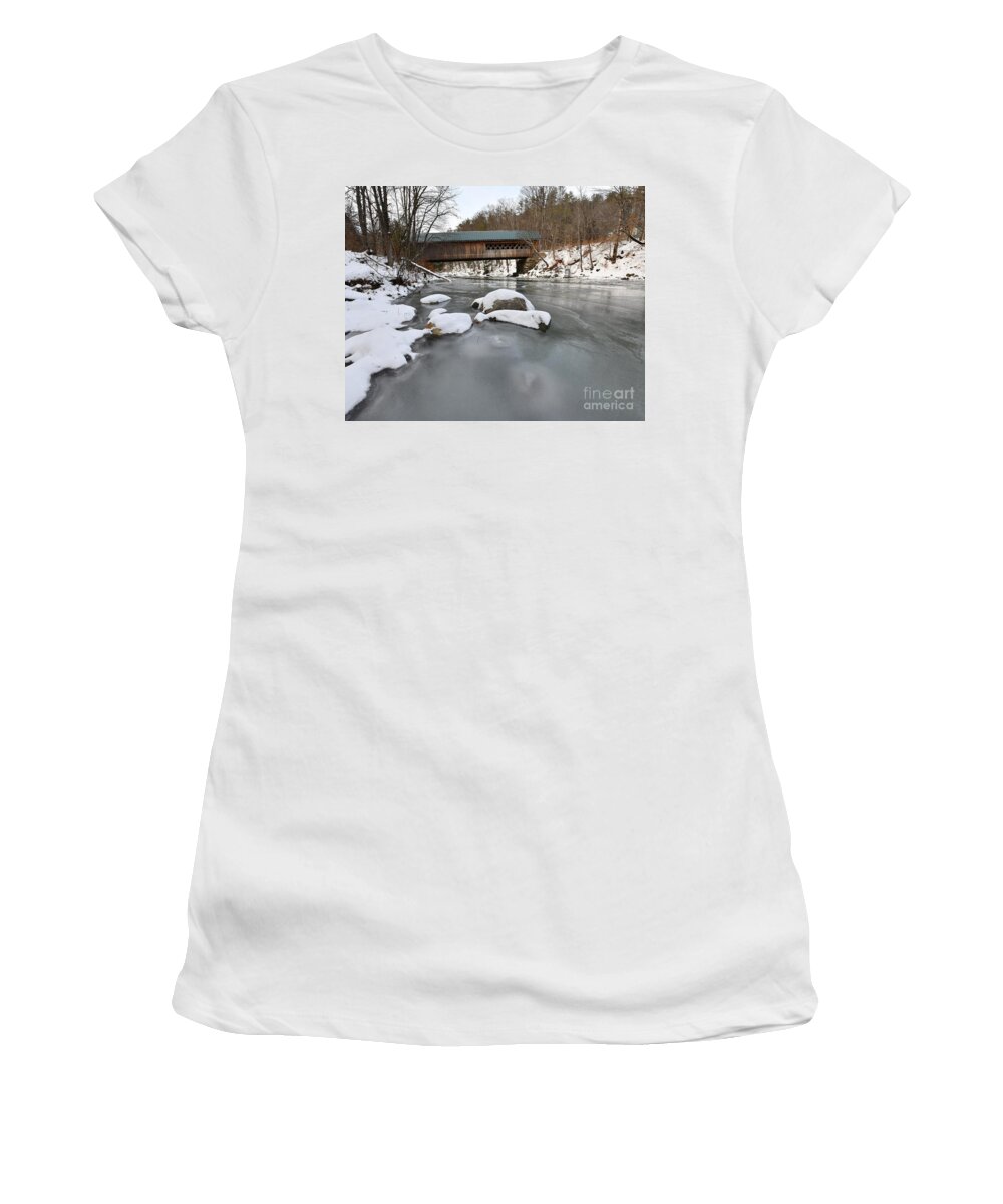 Snow Women's T-Shirt featuring the photograph Snow and Ice Under the Bridge by Steve Brown