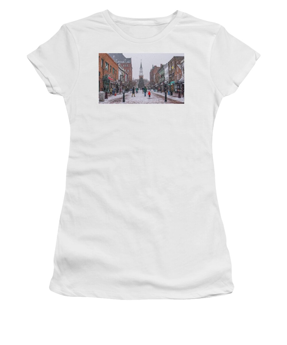 Town Women's T-Shirt featuring the photograph Snowy Christmas Eve on Church Street, Burlington, Vermont by Ann Moore