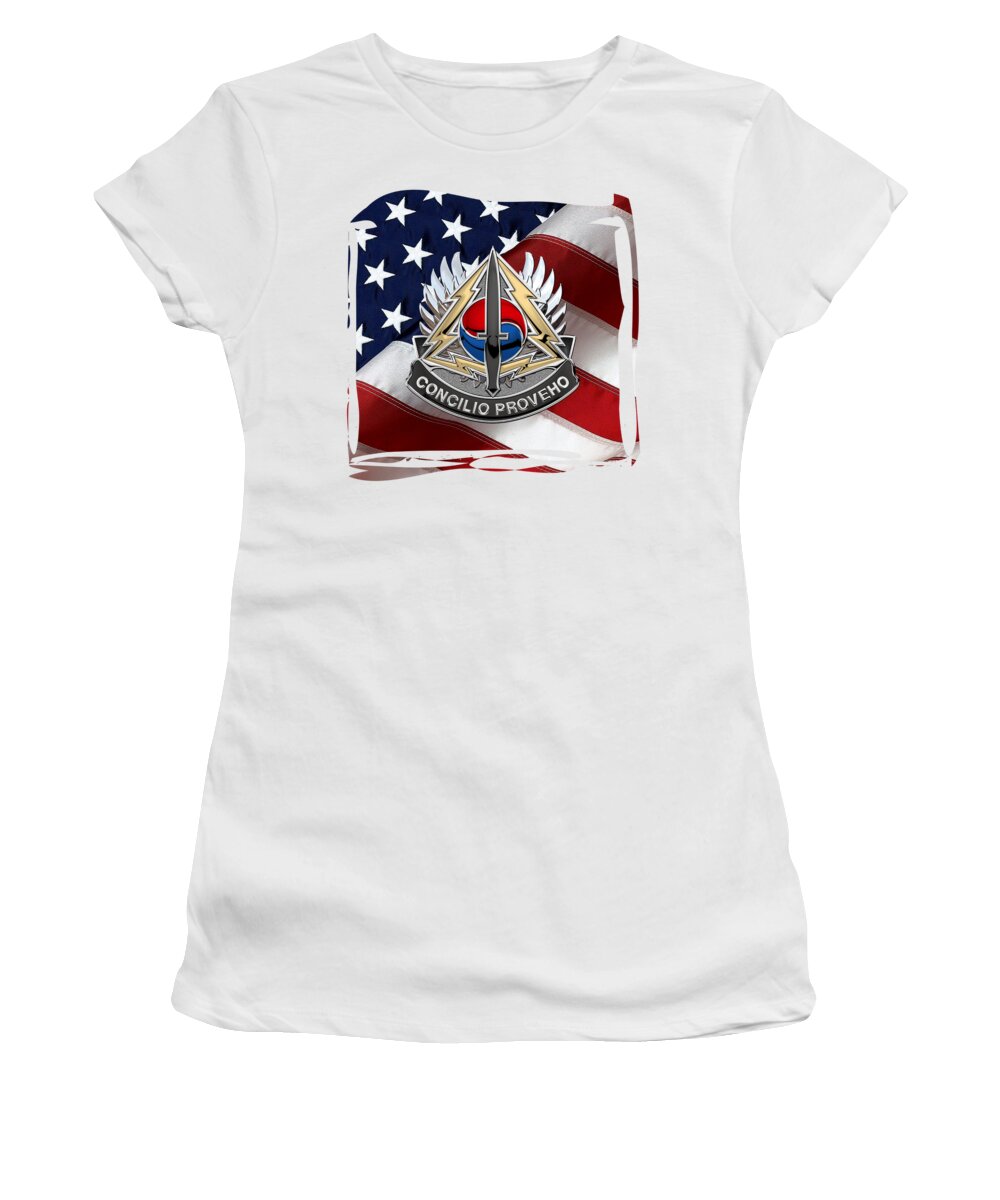 'military Insignia & Heraldry’ Collection By Serge Averbukh Women's T-Shirt featuring the digital art Special Operations Command Korea - S O C K O R Distinctive Unit Insignia over American Flag by Serge Averbukh