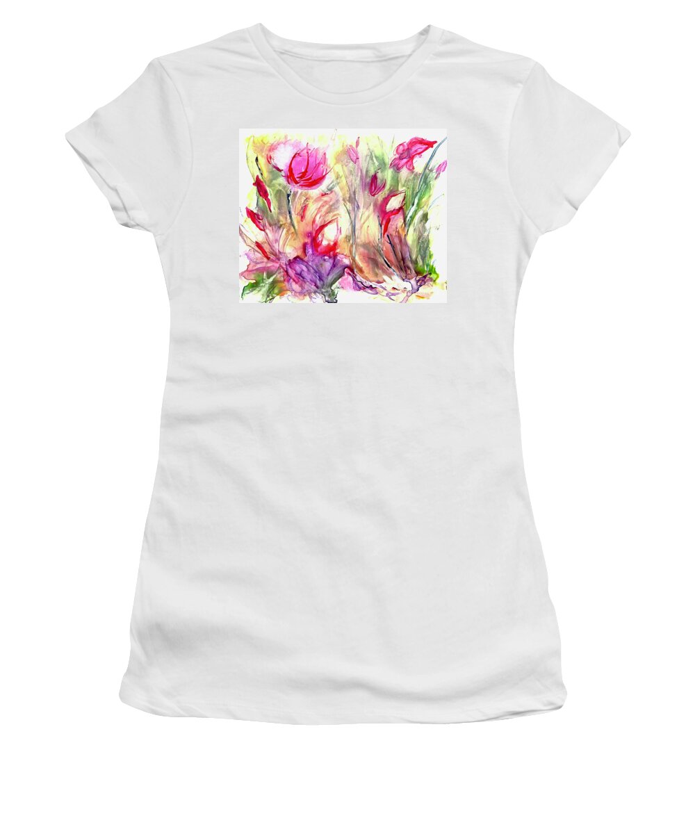 Tulips Women's T-Shirt featuring the painting Spring is Springing by Patty Donoghue