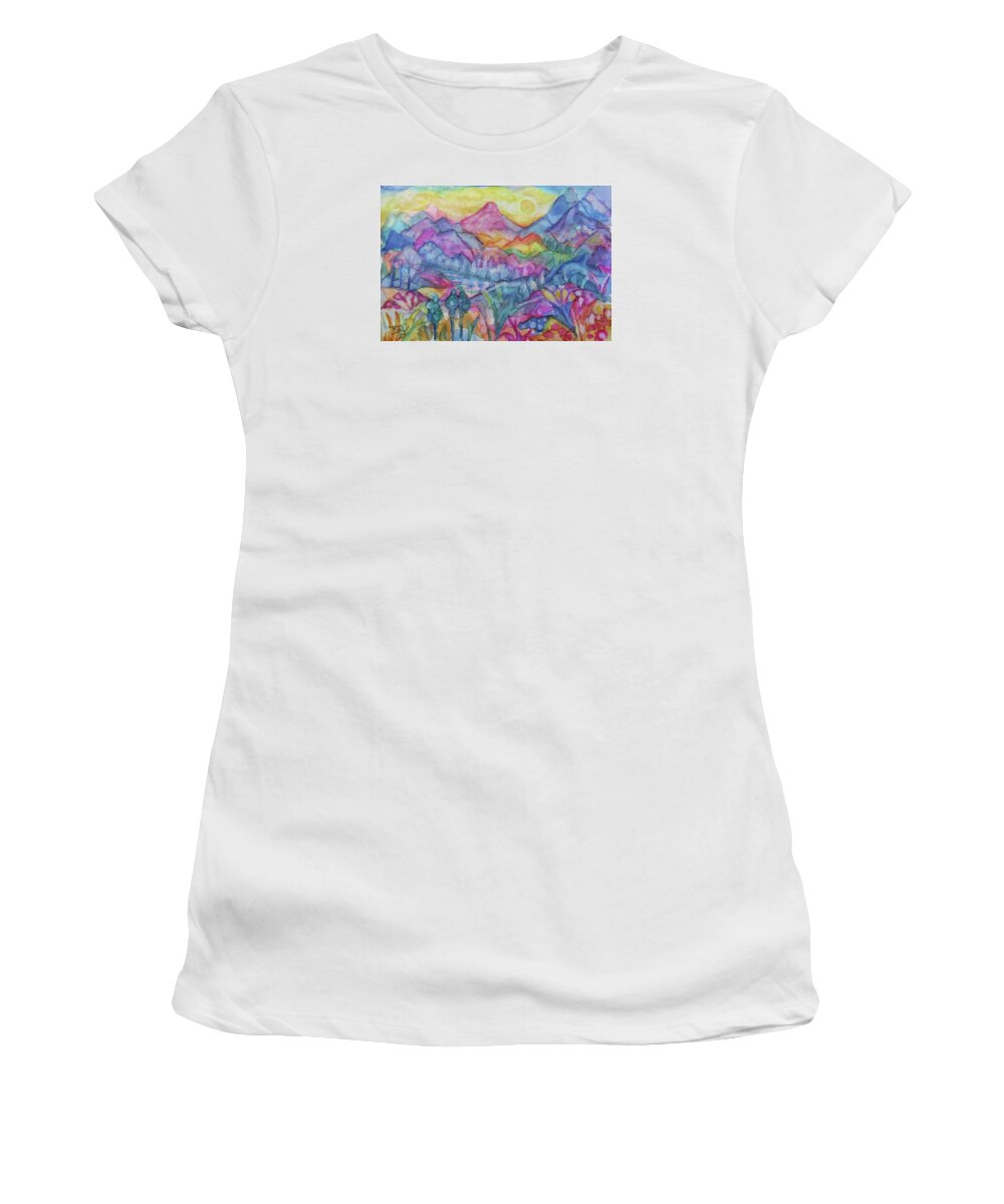 Colorful Expressionist Landscape Women's T-Shirt featuring the painting Spring Valley by Jean Batzell Fitzgerald