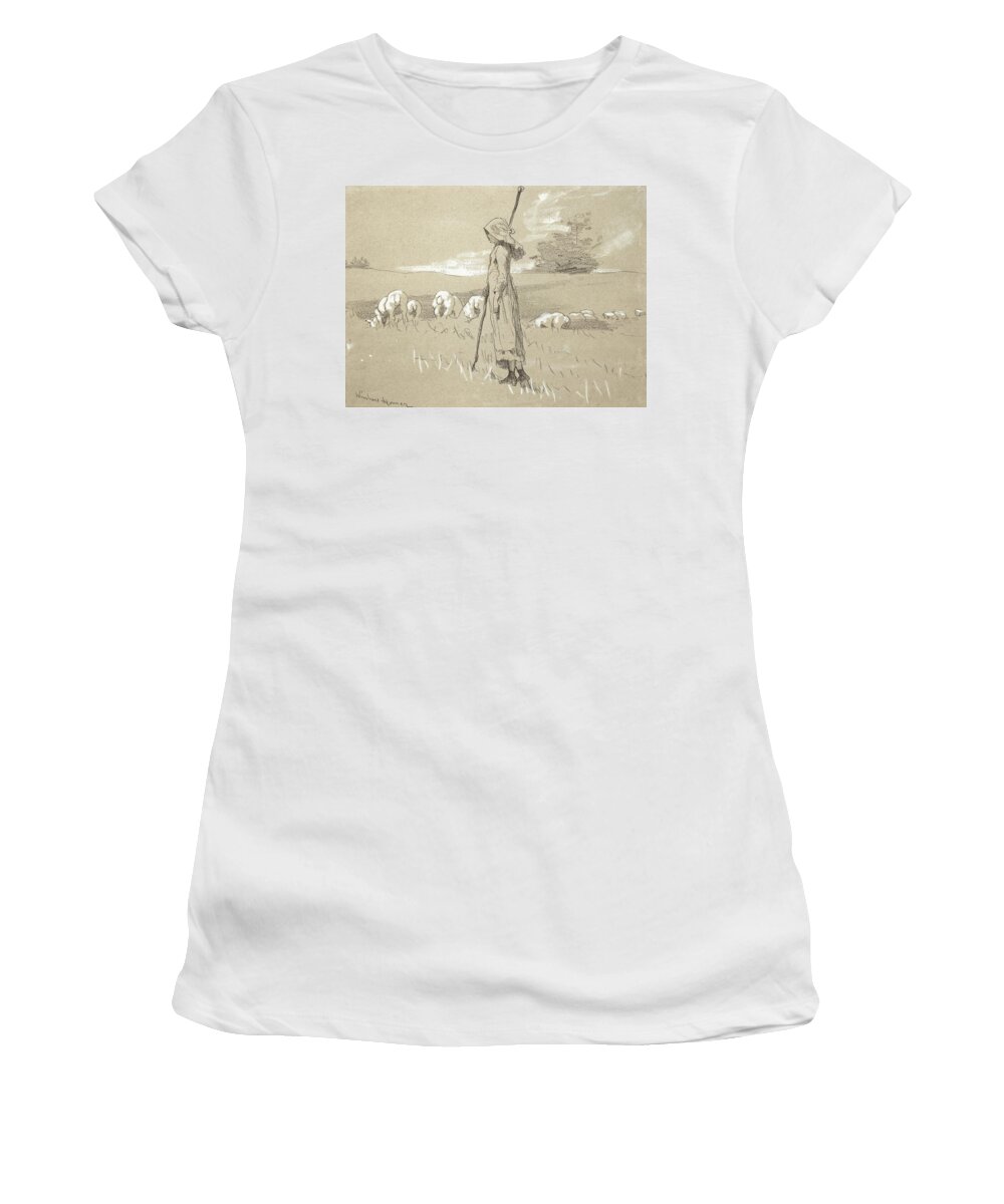 Winslow Homer Women's T-Shirt featuring the drawing Standing Shepherdess with her Flock by Winslow Homer