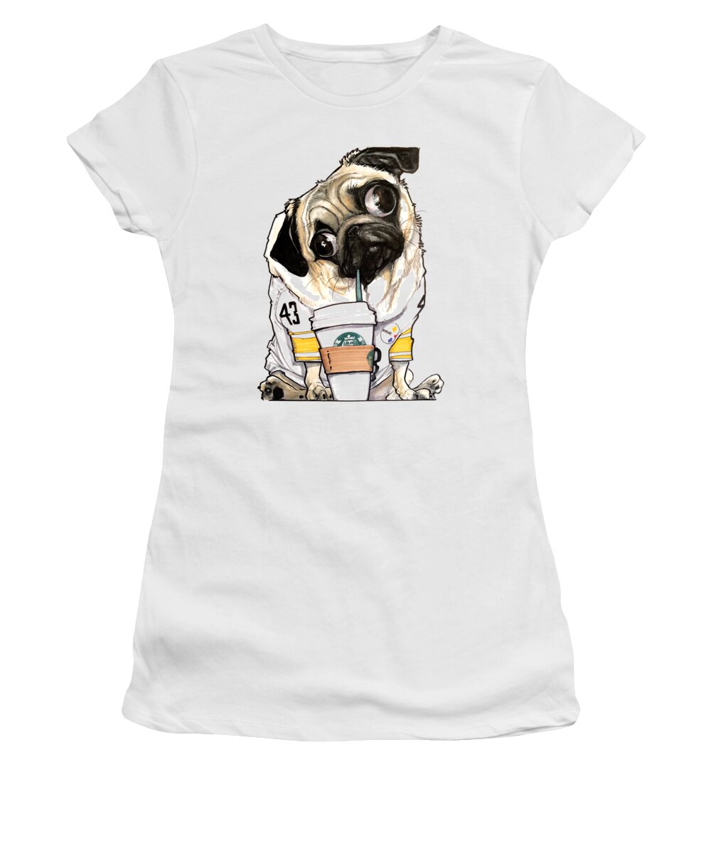 Pug Women's T-Shirt featuring the drawing Steelers Starbucks Pug by Canine Caricatures By John LaFree