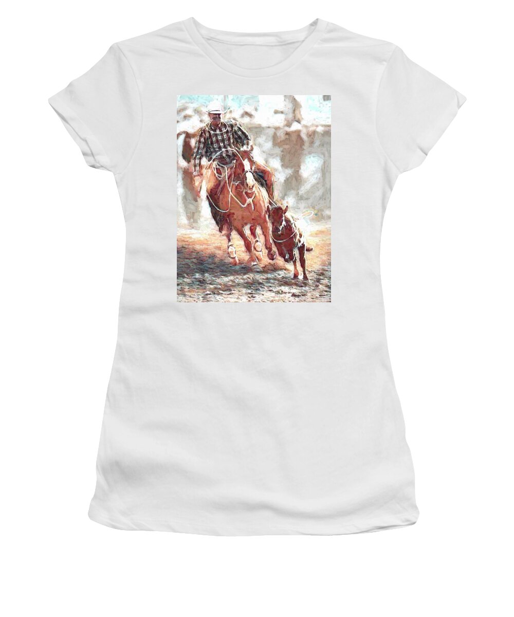 2010 Women's T-Shirt featuring the digital art Steer Roping - 1 c by Bruce Bonnett