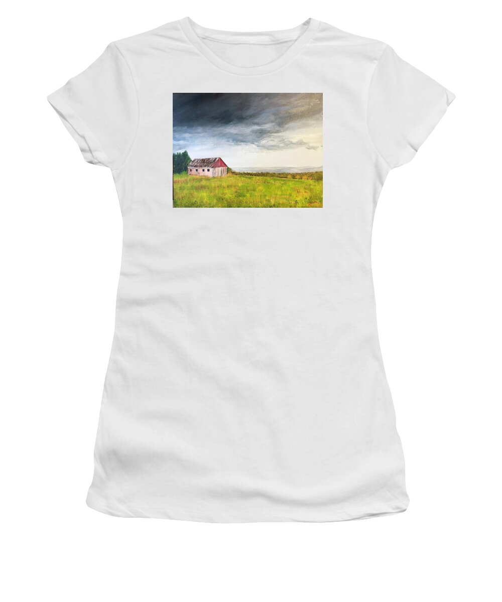 Little Barn Women's T-Shirt featuring the painting Stormy Sky by Denise Van Deroef