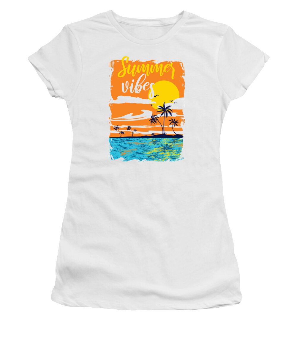 Colorful Women's T-Shirt featuring the digital art Summer Vibes Tropical Sunset Palm Trees by Jacob Zelazny