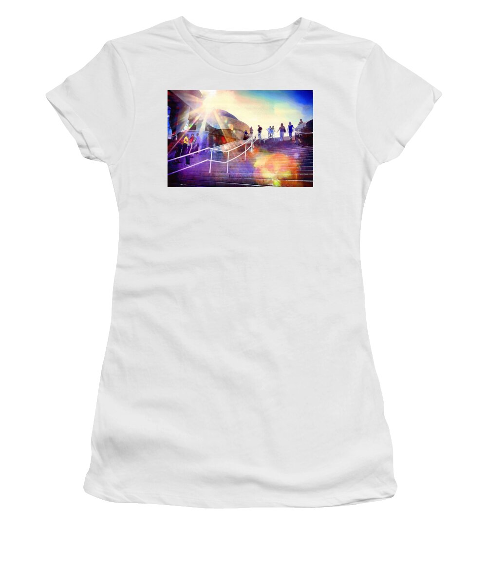 Sunburst Women's T-Shirt featuring the mixed media Sunburst over the Canadian Museum of Civilization by Tatiana Travelways