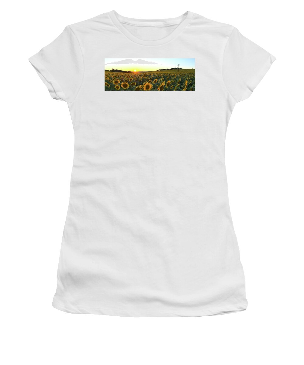 Sunflower Women's T-Shirt featuring the photograph Sunflower field sunset panorama by Sean Hannon