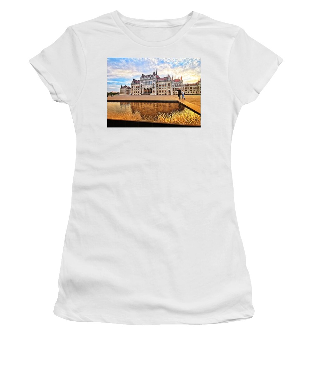 Budapest Women's T-Shirt featuring the photograph Sunrise at the Hungarian Parliament Building by Tito Slack