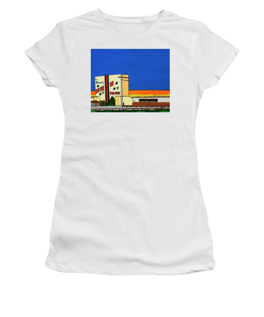 Sunrise Drive-in Valley Stream Movies Women's T-Shirt featuring the painting Sunrise Drive In by Mike Stanko