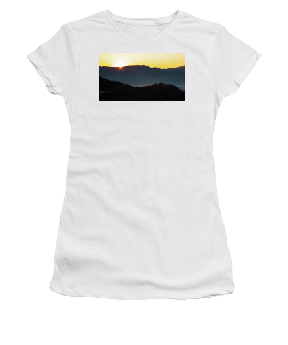 Barje Women's T-Shirt featuring the photograph Sunset over church of Maria by Ian Middleton