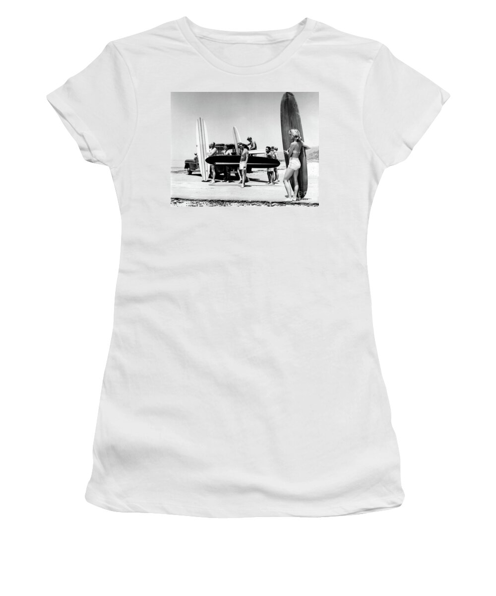 Surf Women's T-Shirt featuring the photograph Surfing in the 1960's by Jennifer Camp