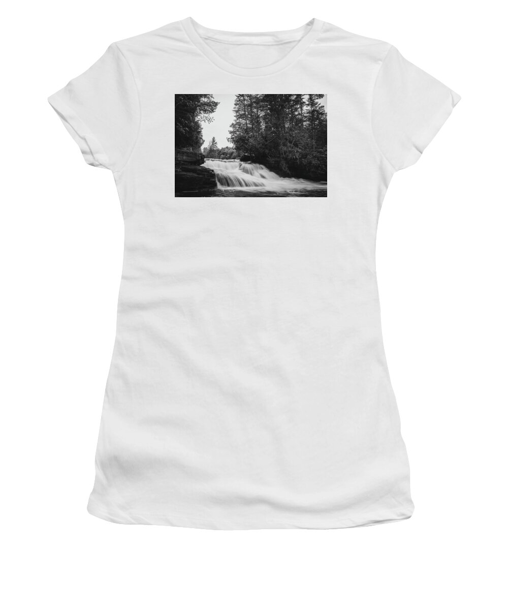 Tahquamenon Falls Black And White Lower Falls Women's T-Shirt featuring the photograph Tahquamenon Falls Lower Black And White by Dan Sproul