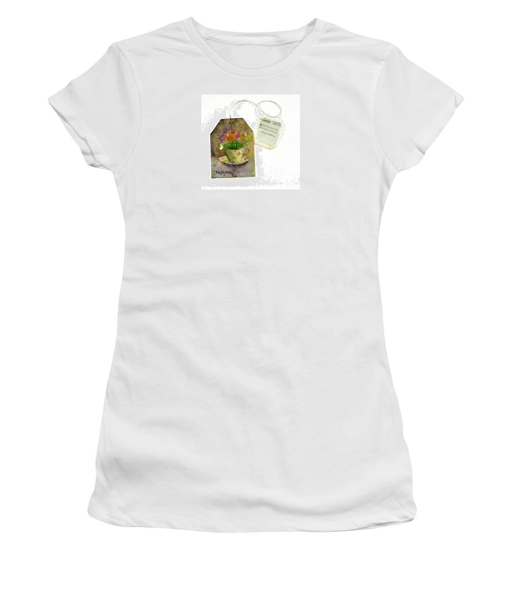 Tea Women's T-Shirt featuring the painting Teacup and Flowers Teabag by Cheryl Prather