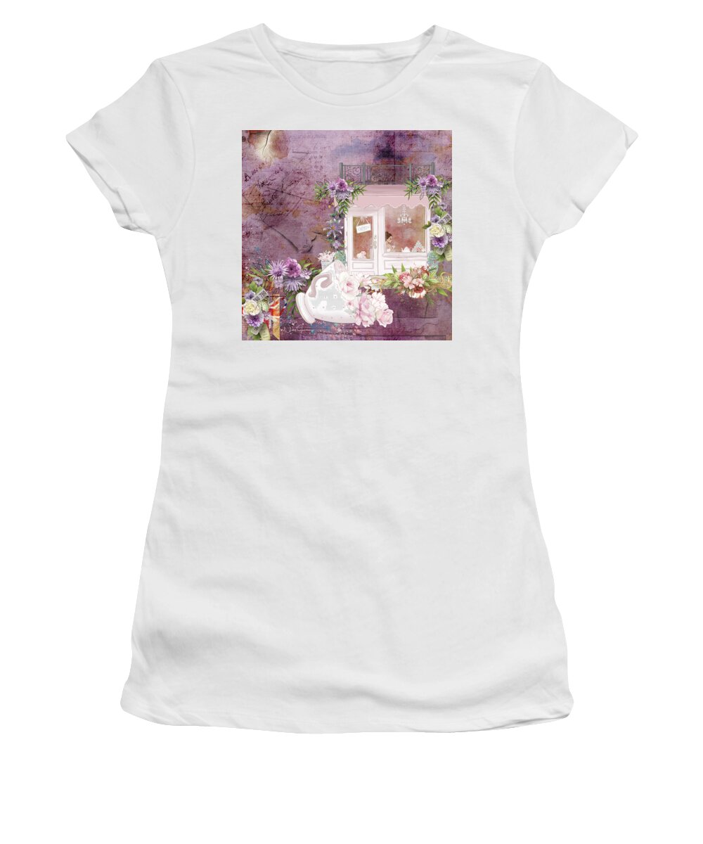 Nickyjameson Women's T-Shirt featuring the mixed media Tea Shop Times by Nicky Jameson