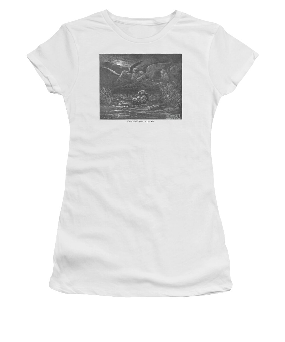 Child Women's T-Shirt featuring the drawing The Child Moses on the Nile by Gustave Dore v1 by Historic illustrations