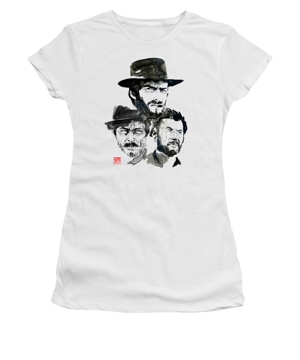 Clint Eastwood Women's T-Shirt featuring the drawing The Good The Bad The Ugly by Pechane Sumie