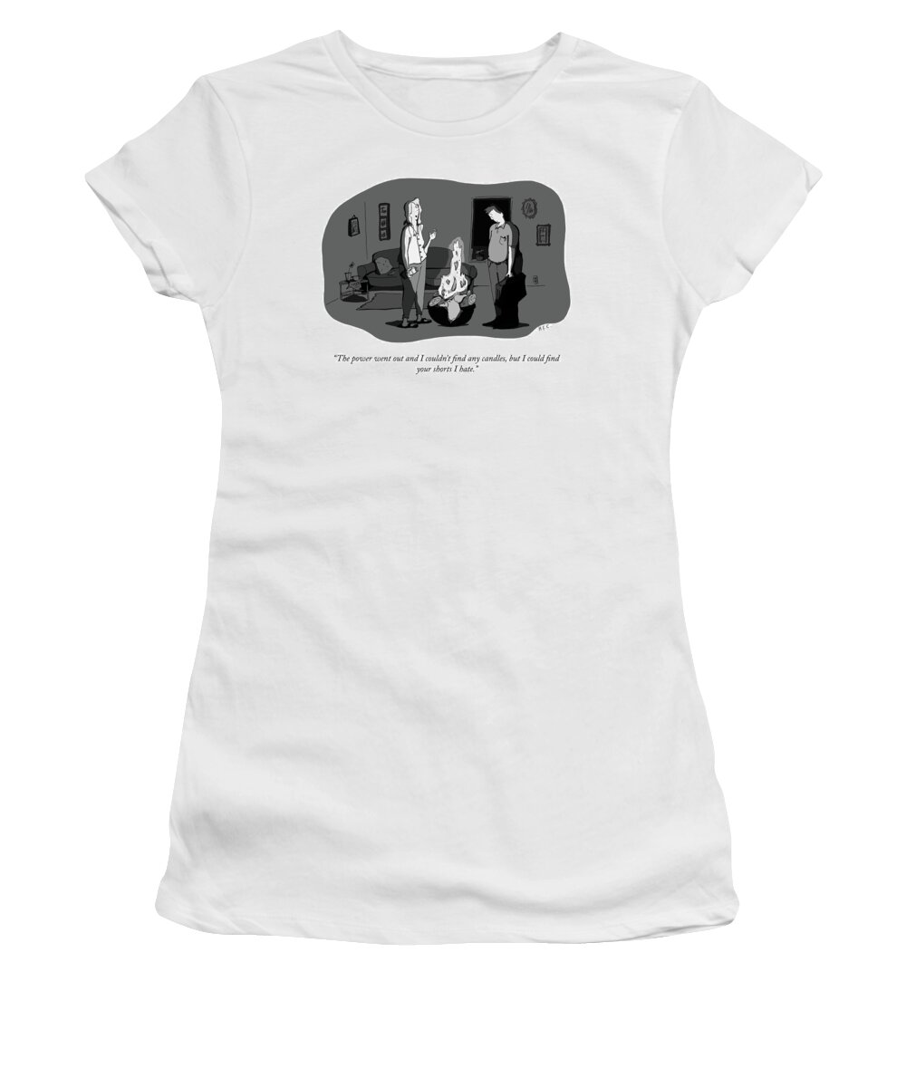 “the Power Went Out And I Couldn’t Find Any Candles Women's T-Shirt featuring the drawing The Power Went Out by Hilary Fitzgerald Campbell