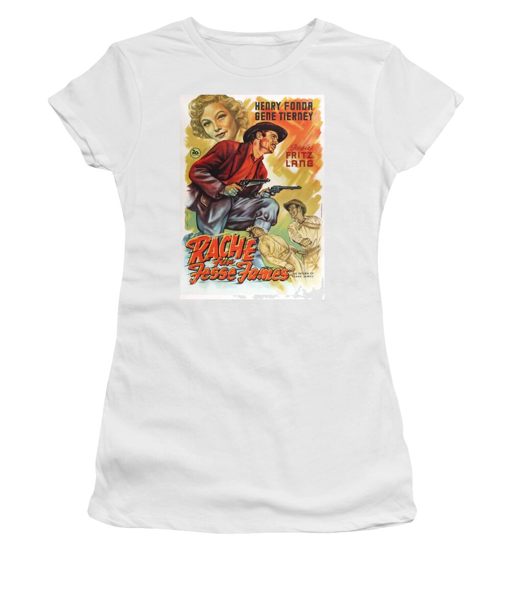 Synopsis Women's T-Shirt featuring the mixed media ''The Return of Frank James'', 1940 - art by Heinz Bonne by Movie World Posters