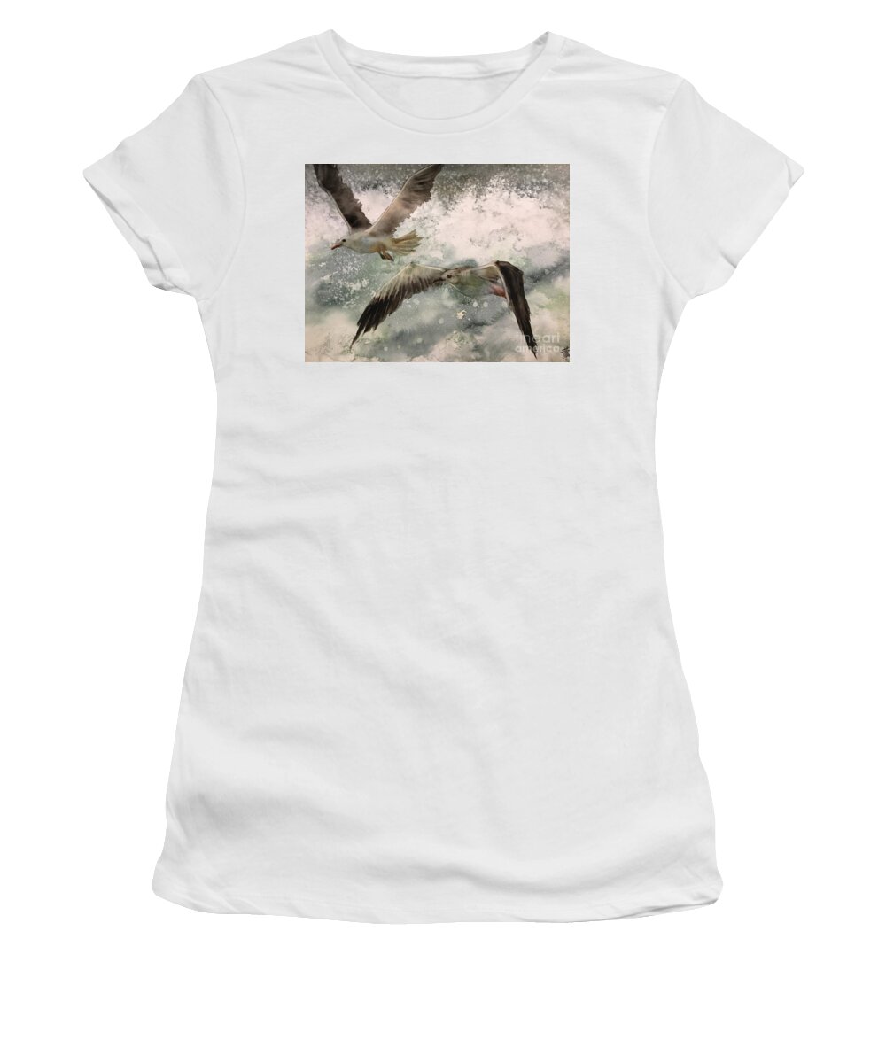 It Is The Transparent Watercolor Painting Women's T-Shirt featuring the painting The seagulls by Han in Huang wong