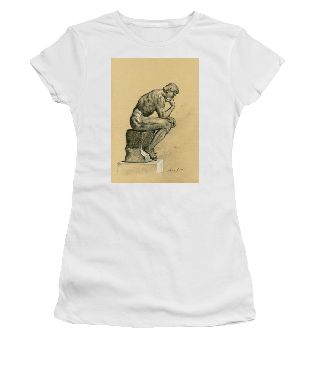 The Thinker Sculpture Women's T-Shirt featuring the painting The Thinker, Rodin by Juan Bosco