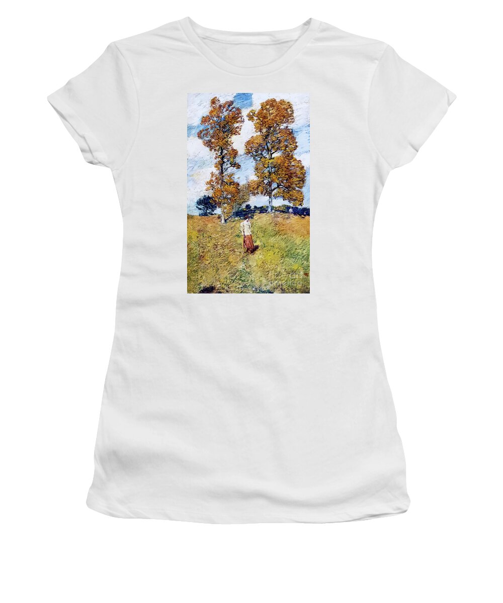 American Women's T-Shirt featuring the painting The Two Hickory Trees by Childe Hassam 1919 by Childe Hassam