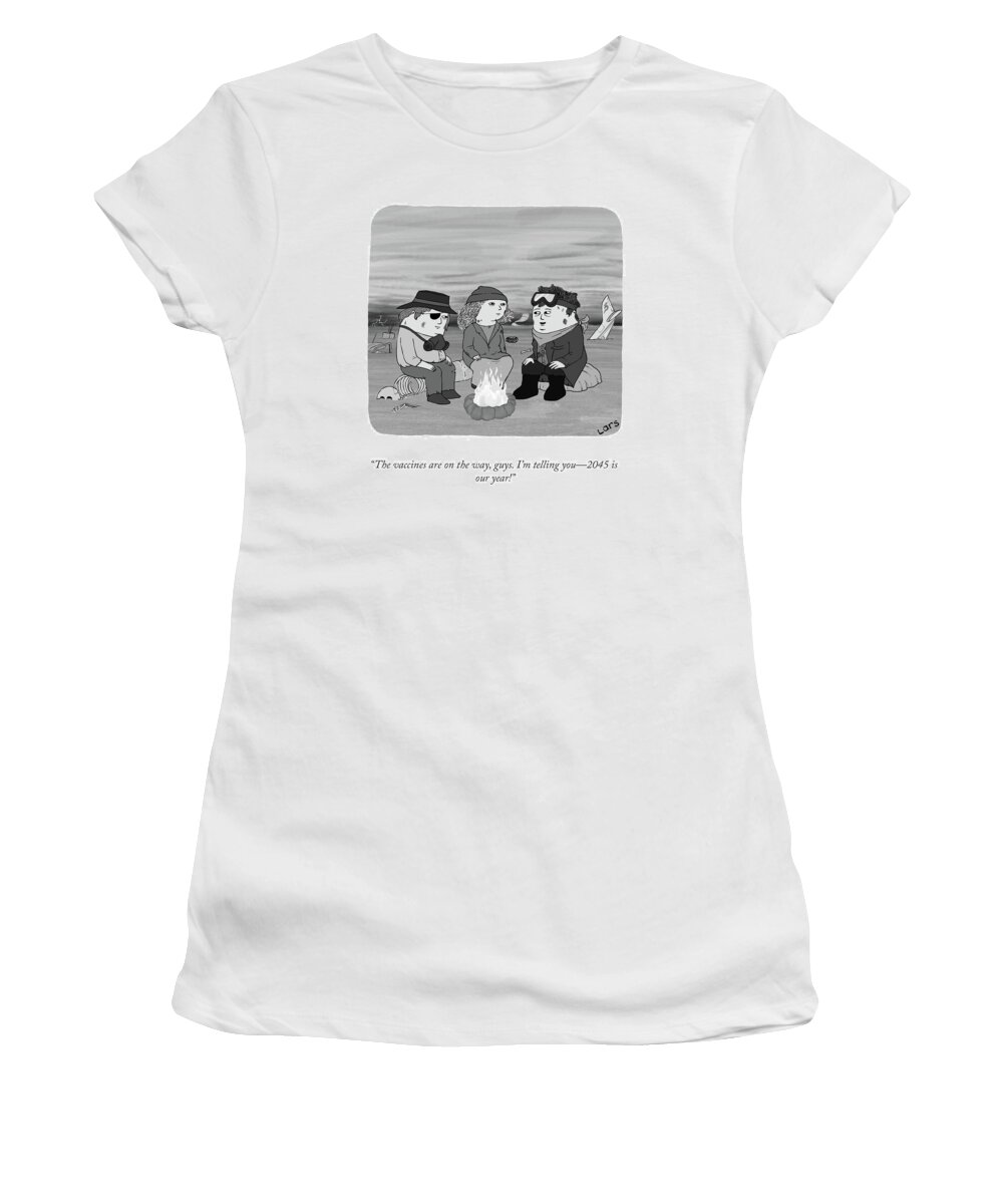 the Vaccines Are On The Way Women's T-Shirt featuring the drawing The Vaccines Are On The Way by Lars Kenseth