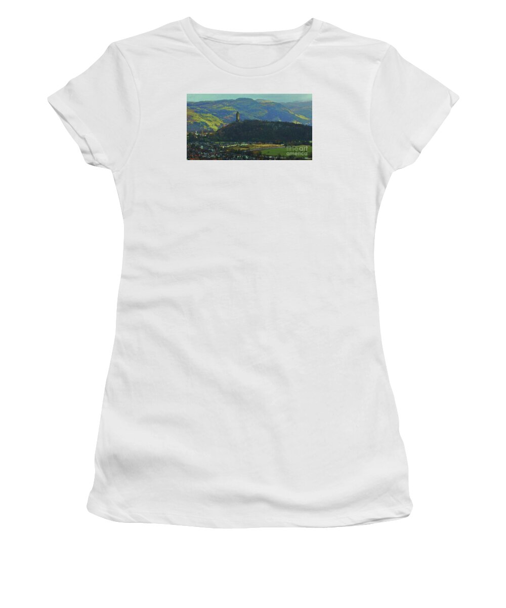 Stirling Women's T-Shirt featuring the photograph The Wallace Tower, Stirling, Scotland by Courtney Dagan