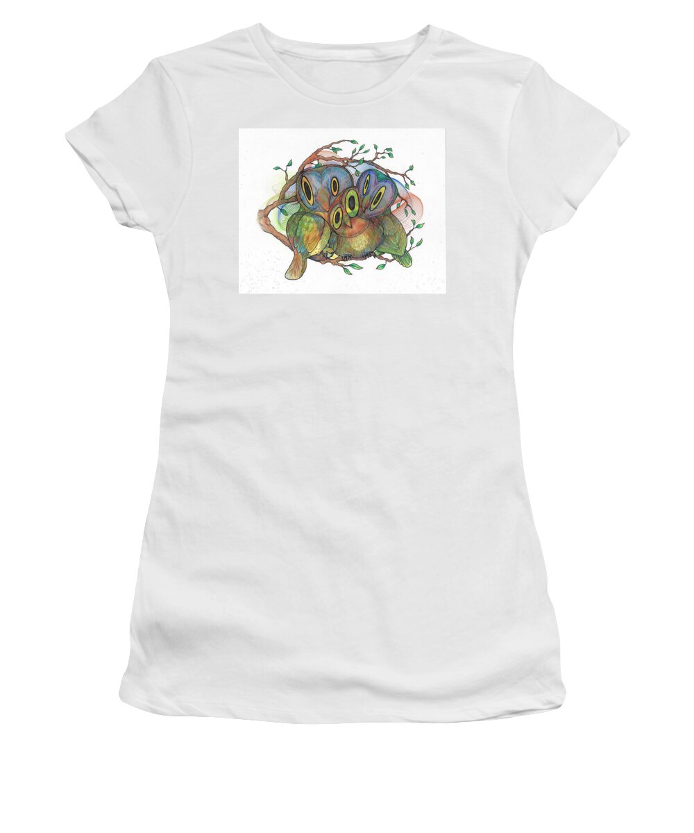 Owl Women's T-Shirt featuring the mixed media Three Owls Huddling by Teresamarie Yawn