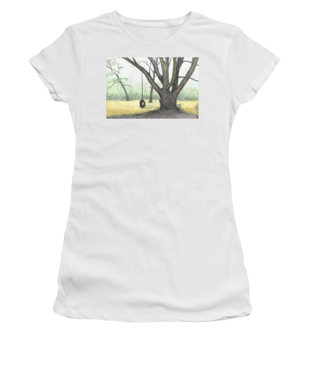 Swing Women's T-Shirt featuring the painting Tire Swing by Arthur Barnes