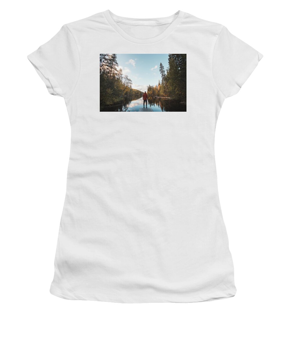 Male Emotion Women's T-Shirt featuring the photograph Tireless traveller stands at the door of the wild autumn nature by Vaclav Sonnek