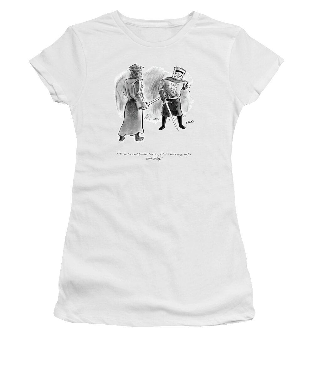  'tis But A Scratch—in America Women's T-Shirt featuring the drawing Tis But A Scratch by Jason Adam Katzenstein