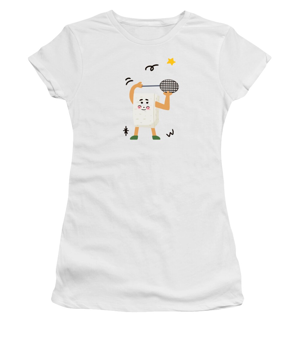 Tofu，bean Curd Women's T-Shirt featuring the drawing Tofu loves playing badminton by Min Fen Zhu