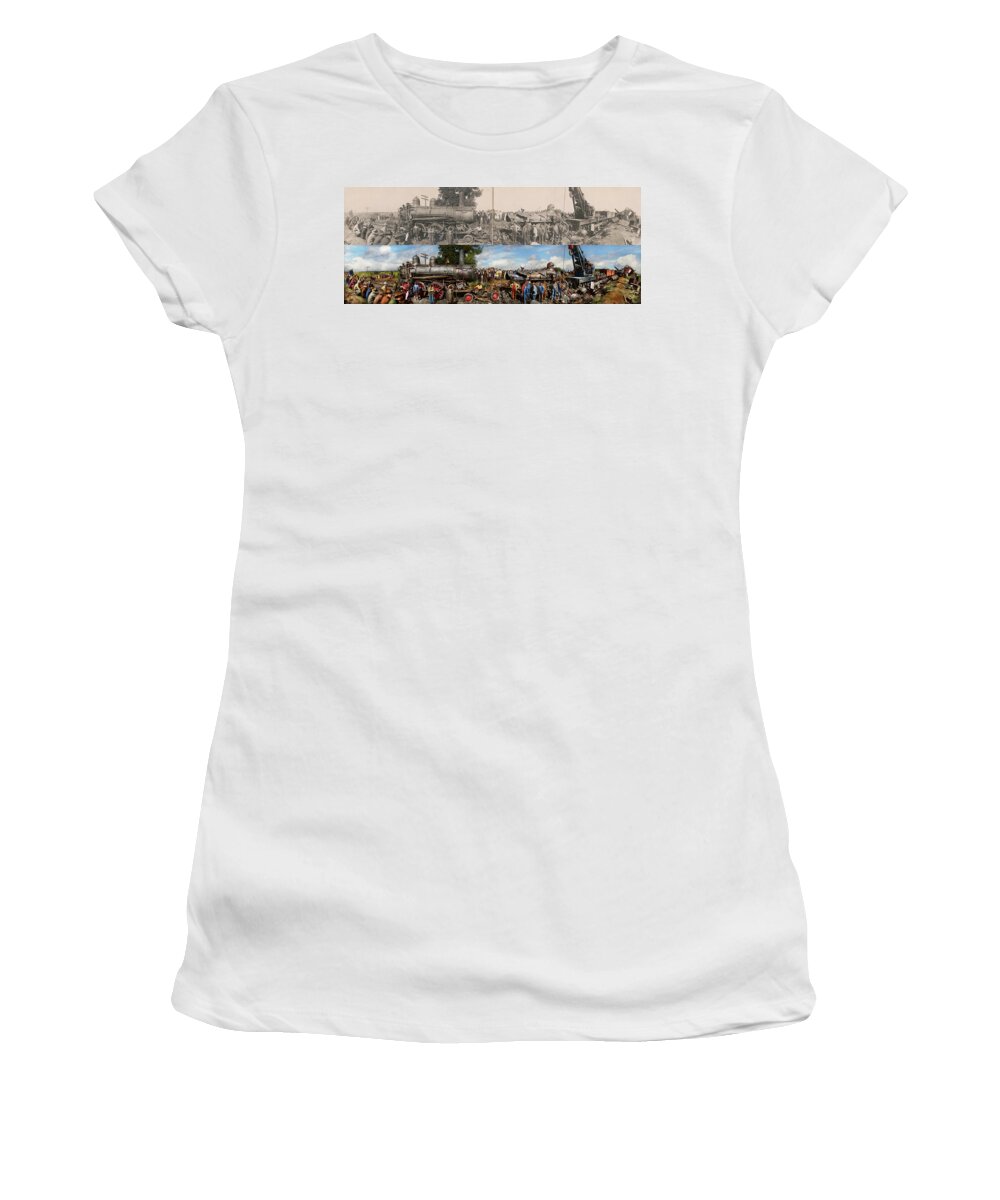 Train Women's T-Shirt featuring the photograph Train - Accident - Meeting head to head 1909 - Side by Side by Mike Savad